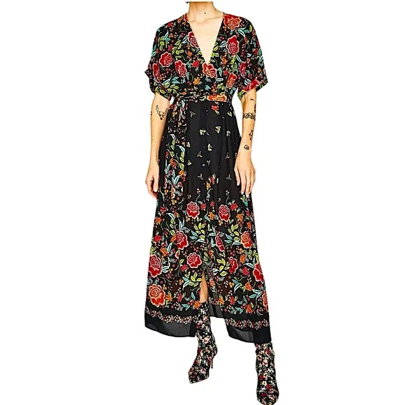 On Hold! Zara Black Floral Button Down Kimono Kaftan Maxi Long Dress Size Small