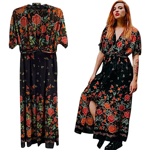 On Hold! Zara Black Floral Button Down Kimono Kaftan Maxi Long Dress Size Small
