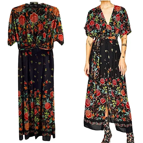 On Hold! Zara Black Floral Button Down Kimono Kaftan Maxi Long Dress Size Small