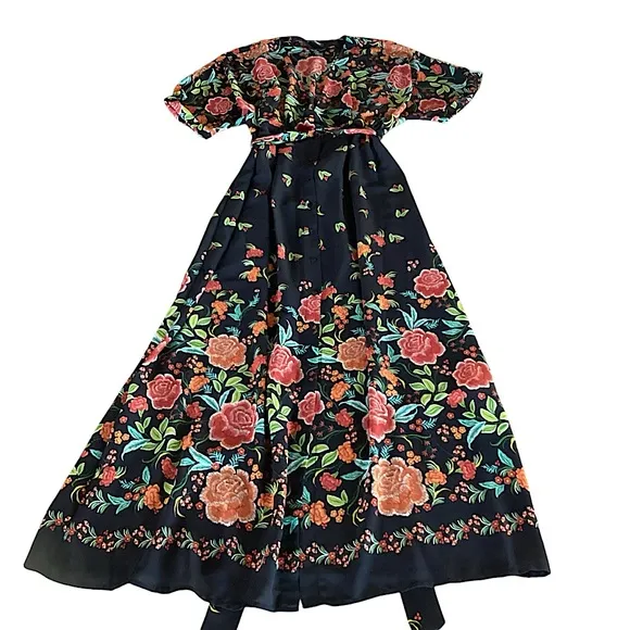 On Hold! Zara Black Floral Button Down Kimono Kaftan Maxi Long Dress Size Small