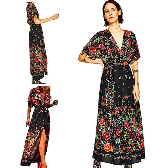 On Hold! Zara Black Floral Button Down Kimono Kaftan Maxi Long Dress Size Small