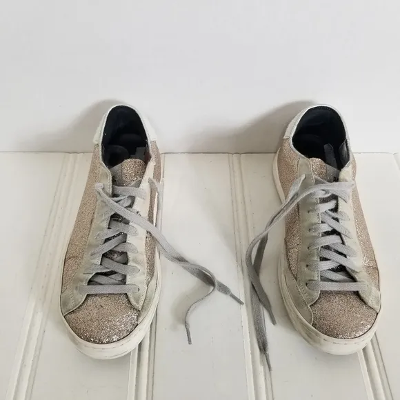 P448 John W Sneakers Leather Glitter Low-Top Calf Hair Trainers Womens Size 7