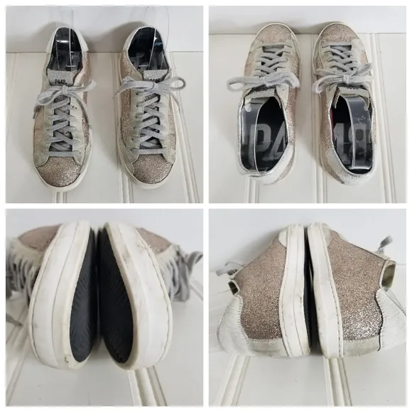 P448 John W Sneakers Leather Glitter Low-Top Calf Hair Trainers Womens Size 7