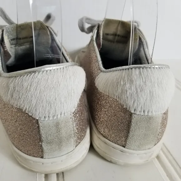 P448 John W Sneakers Leather Glitter Low-Top Calf Hair Trainers Womens Size 7