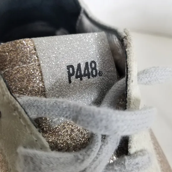 P448 John W Sneakers Leather Glitter Low-Top Calf Hair Trainers Womens Size 7