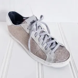 P448 John W Sneakers Leather Glitter Low-Top Calf Hair Trainers Womens Size 7