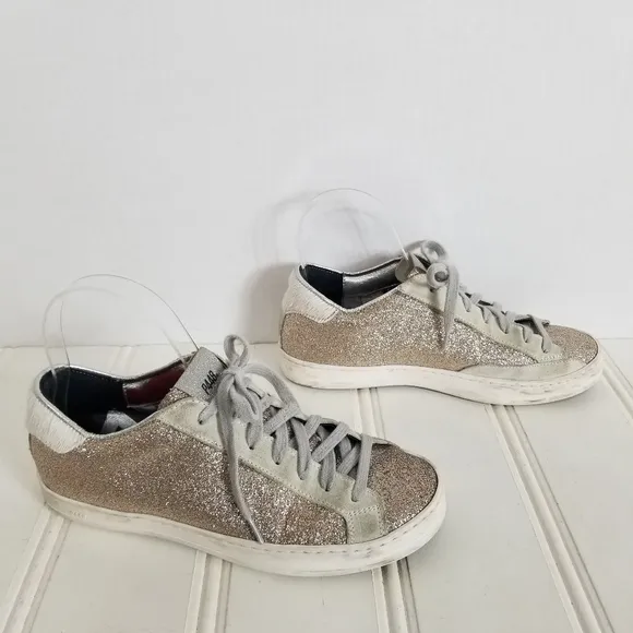 P448 John W Sneakers Leather Glitter Low-Top Calf Hair Trainers Womens Size 7