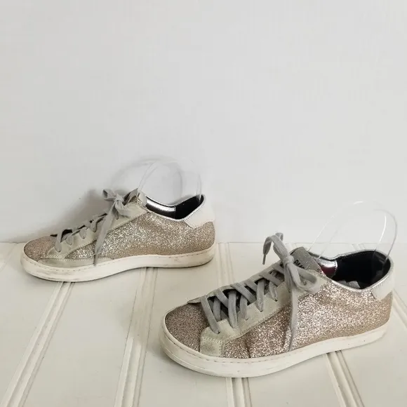 P448 John W Sneakers Leather Glitter Low-Top Calf Hair Trainers Womens Size 7