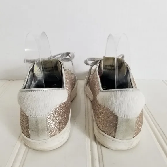 P448 John W Sneakers Leather Glitter Low-Top Calf Hair Trainers Womens Size 7
