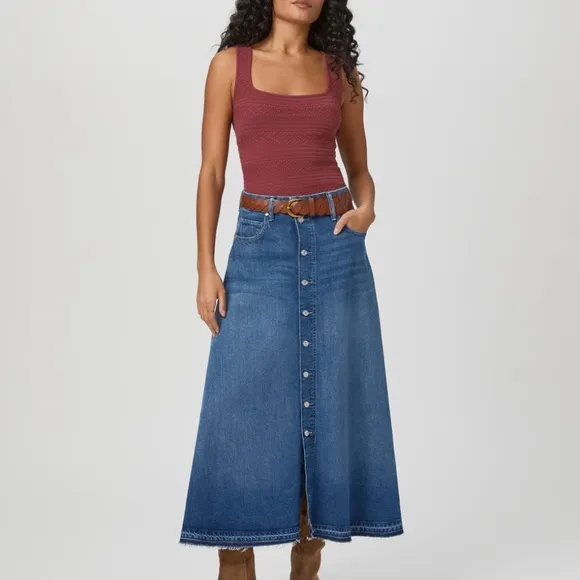Paige Maren Button Front Denim Keiko Midi Maxi Jean Skirt Sz 28