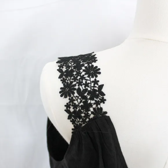 Paige Riviera Lace-Strap Midi Dress Tiered Skirt in Black Medium