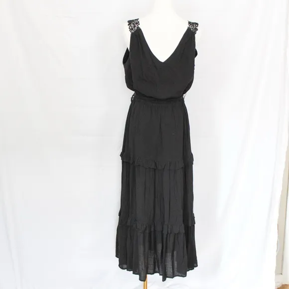 Paige Riviera Lace-Strap Midi Dress Tiered Skirt in Black Medium