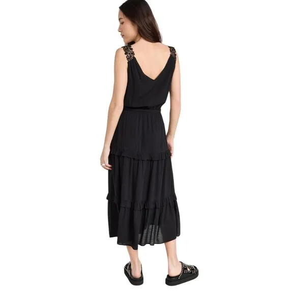 Paige Riviera Lace-Strap Midi Dress Tiered Skirt in Black Medium