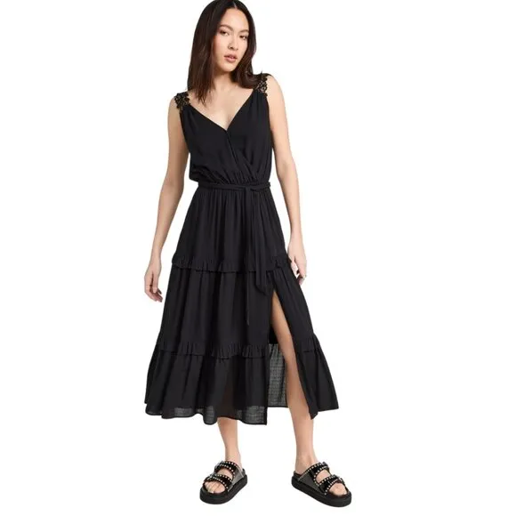 Paige Riviera Lace-Strap Midi Dress Tiered Skirt in Black Medium