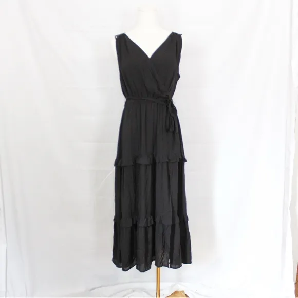 Paige Riviera Lace-Strap Midi Dress Tiered Skirt in Black Medium