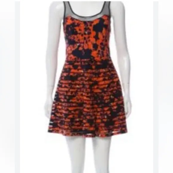 PARKER Petal Bloom Mesh Sleeveless Fit &amp; Flare Silk Dress 🧡🖤