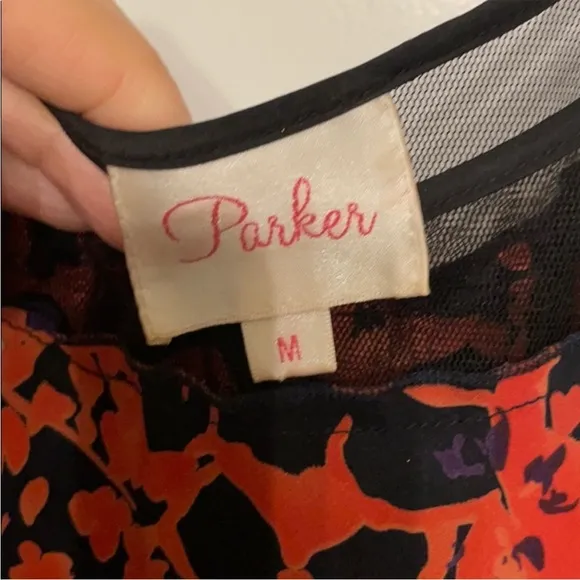 PARKER Petal Bloom Mesh Sleeveless Fit &amp; Flare Silk Dress 🧡🖤