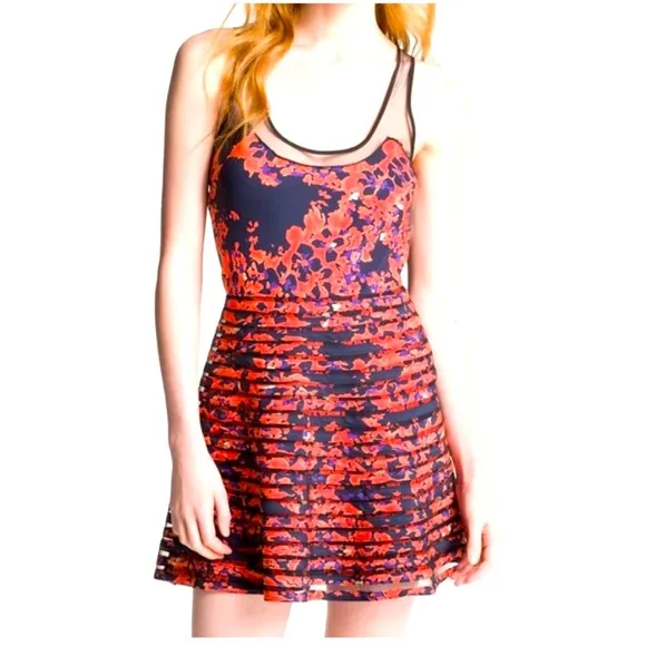 PARKER Petal Bloom Mesh Sleeveless Fit &amp; Flare Silk Dress 🧡🖤