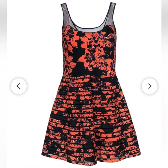 PARKER Petal Bloom Mesh Sleeveless Fit &amp; Flare Silk Dress 🧡🖤