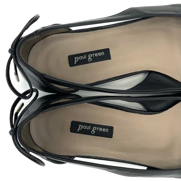 PAUL GREEN BLACK LEATHER BACK HEEL BOW ACCENT SIDES CUT-OUTS BALLET FLATS