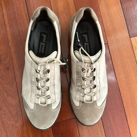 Paul Green Munchen Neutral Tan Leather Suede Sneakers Elastic Tie UK 3.5 US 6