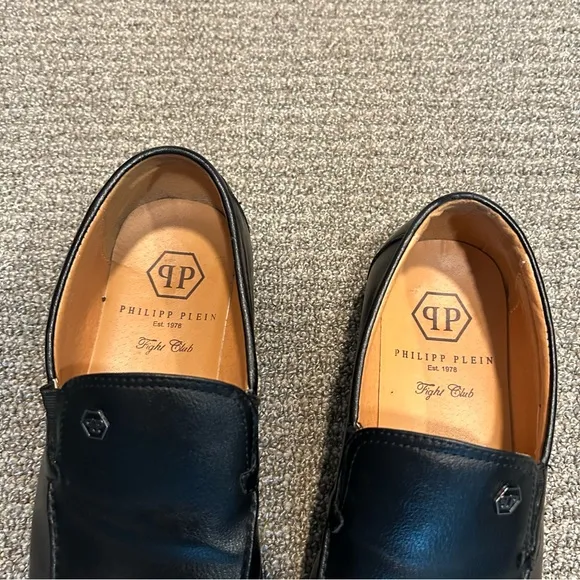 Philipp Plein Black Leather Loafers Fight Club Men's Size 40 US 7 Made In Italy