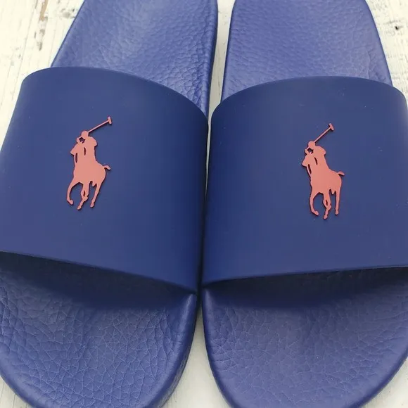 Polo Ralph Lauren Mens Sz 13 Everyday Slides Sandals Blue Logo NEW