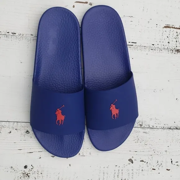 Polo Ralph Lauren Mens Sz 13 Everyday Slides Sandals Blue Logo NEW