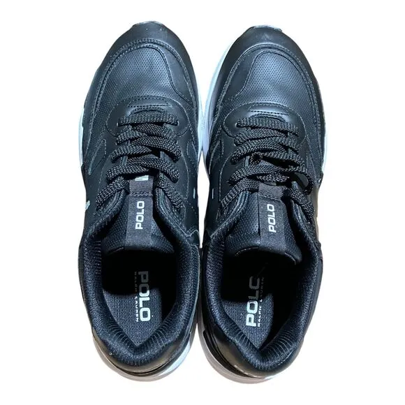 Polo Ralph Lauren Sneakers Men’s 10 Black JOGGER Leather White Pony Preppy