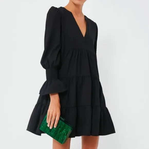 Pomander Place Tuckernuck Crepe Kenzo Mini Dress Tiered Long Sleeve Black Small