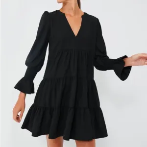 Pomander Place Tuckernuck Crepe Kenzo Mini Dress Tiered Long Sleeve Black Small