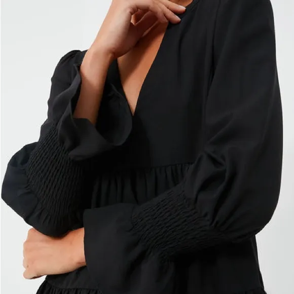 Pomander Place Tuckernuck Crepe Kenzo Mini Dress Tiered Long Sleeve Black Small