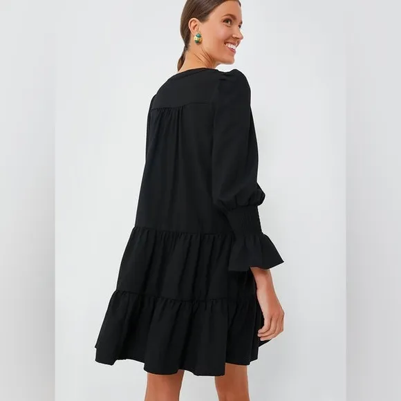 Pomander Place Tuckernuck Crepe Kenzo Mini Dress Tiered Long Sleeve Black Small