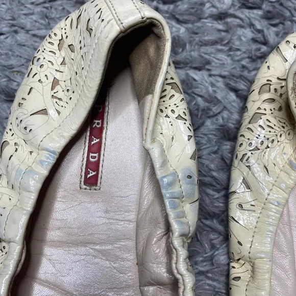 Prada Ivory Patent Leather Cut-Out Ballet Flats