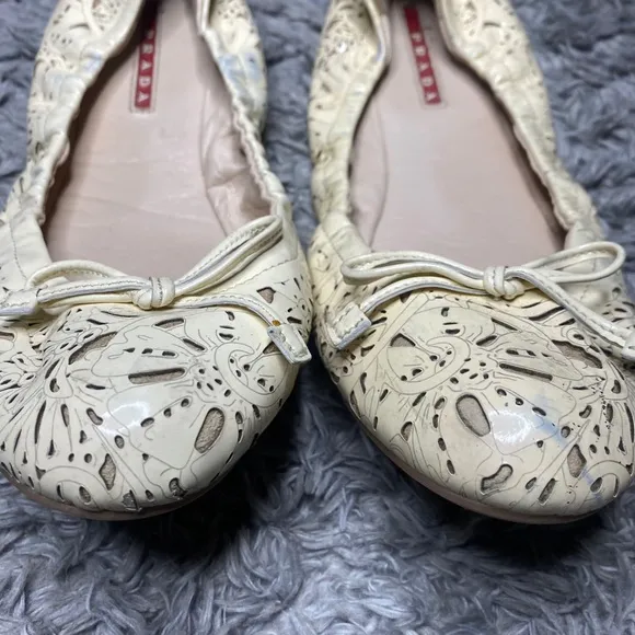 Prada Ivory Patent Leather Cut-Out Ballet Flats