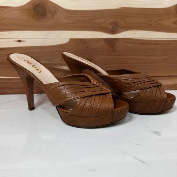 Prada Leather Platform Heels Slides Mules Brown Ruched Designer Size 37 1/2
