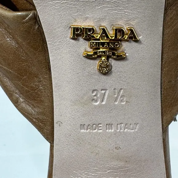 Prada Leather Platform Heels Slides Mules Brown Ruched Designer Size 37 1/2