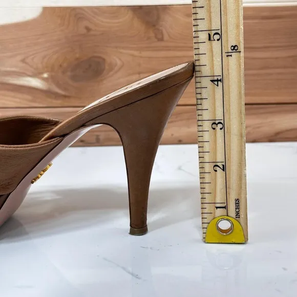 Prada Leather Platform Heels Slides Mules Brown Ruched Designer Size 37 1/2
