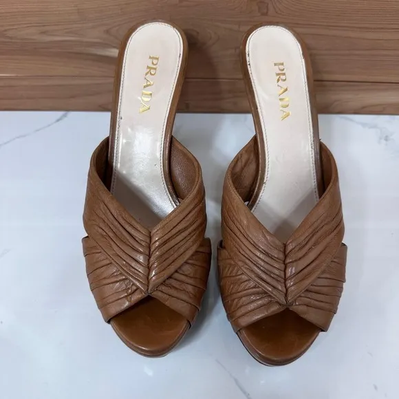 Prada Leather Platform Heels Slides Mules Brown Ruched Designer Size 37 1/2