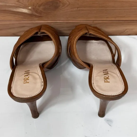 Prada Leather Platform Heels Slides Mules Brown Ruched Designer Size 37 1/2