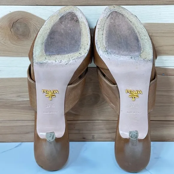Prada Leather Platform Heels Slides Mules Brown Ruched Designer Size 37 1/2