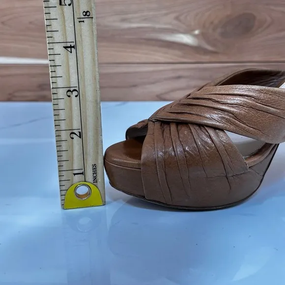 Prada Leather Platform Heels Slides Mules Brown Ruched Designer Size 37 1/2