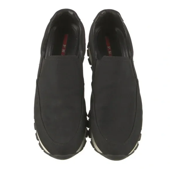 PRADA Linea Rossa Slip On Sneakers Black Nylon Slide On Size 37.5 Leather Trim