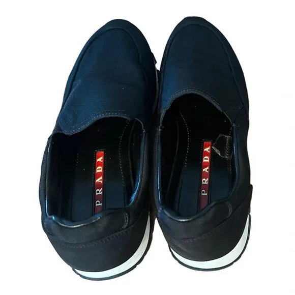 PRADA Linea Rossa Slip On Sneakers Black Nylon Slide On Size 37.5 Leather Trim