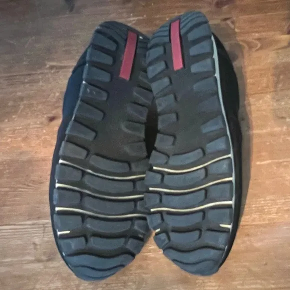 PRADA Linea Rossa Slip On Sneakers Black Nylon Slide On Size 37.5 Leather Trim