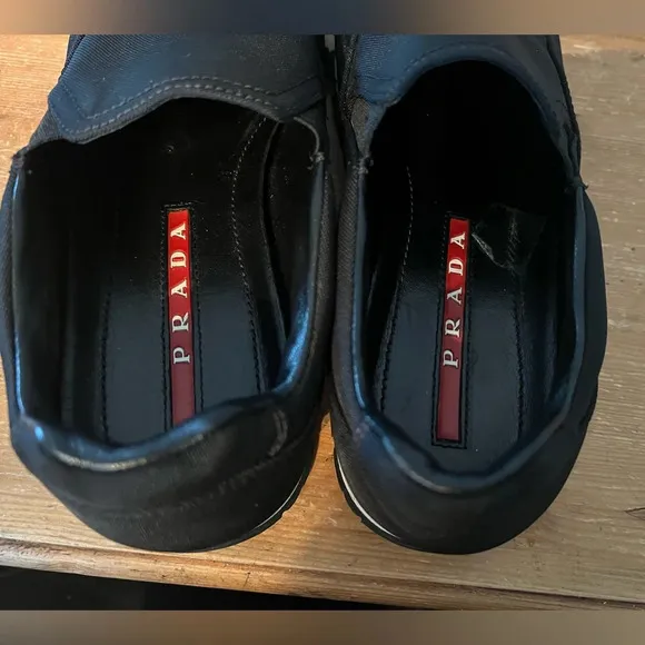 PRADA Linea Rossa Slip On Sneakers Black Nylon Slide On Size 37.5 Leather Trim