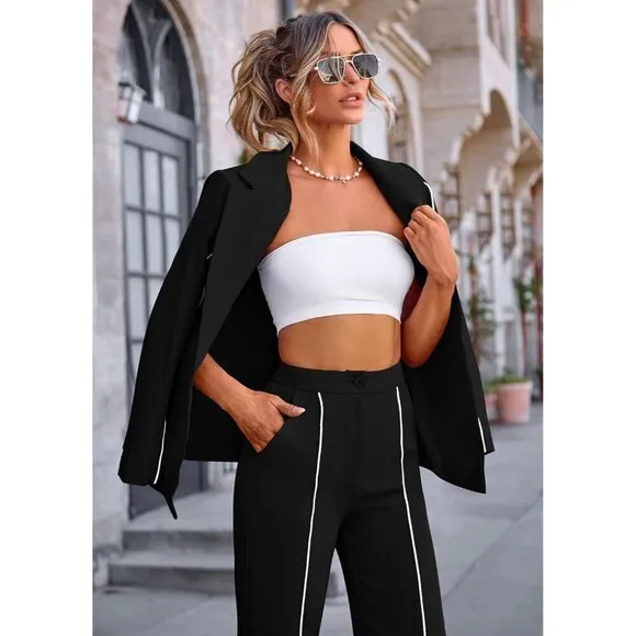 Prettygarden Casual Blazer Women Black Fall 2 Piece Oversized Jacket Wide Leg