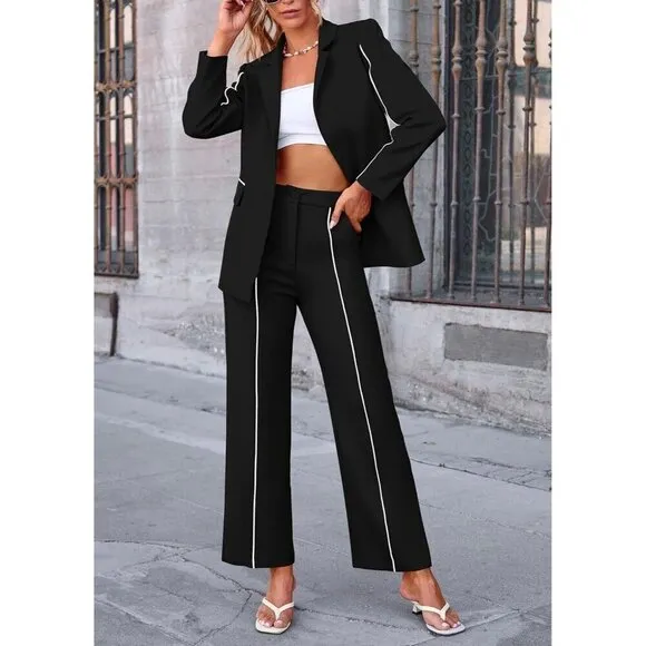 Prettygarden Casual Blazer Women Black Fall 2 Piece Oversized Jacket Wide Leg