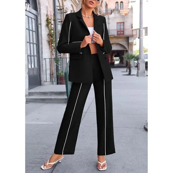 Prettygarden Casual Blazer Women Black Fall 2 Piece Oversized Jacket Wide Leg