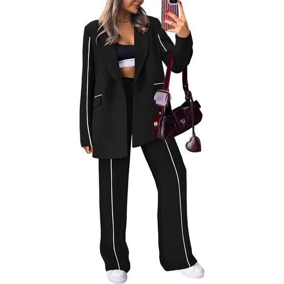 Prettygarden Casual Blazer Women Black Fall 2 Piece Oversized Jacket Wide Leg